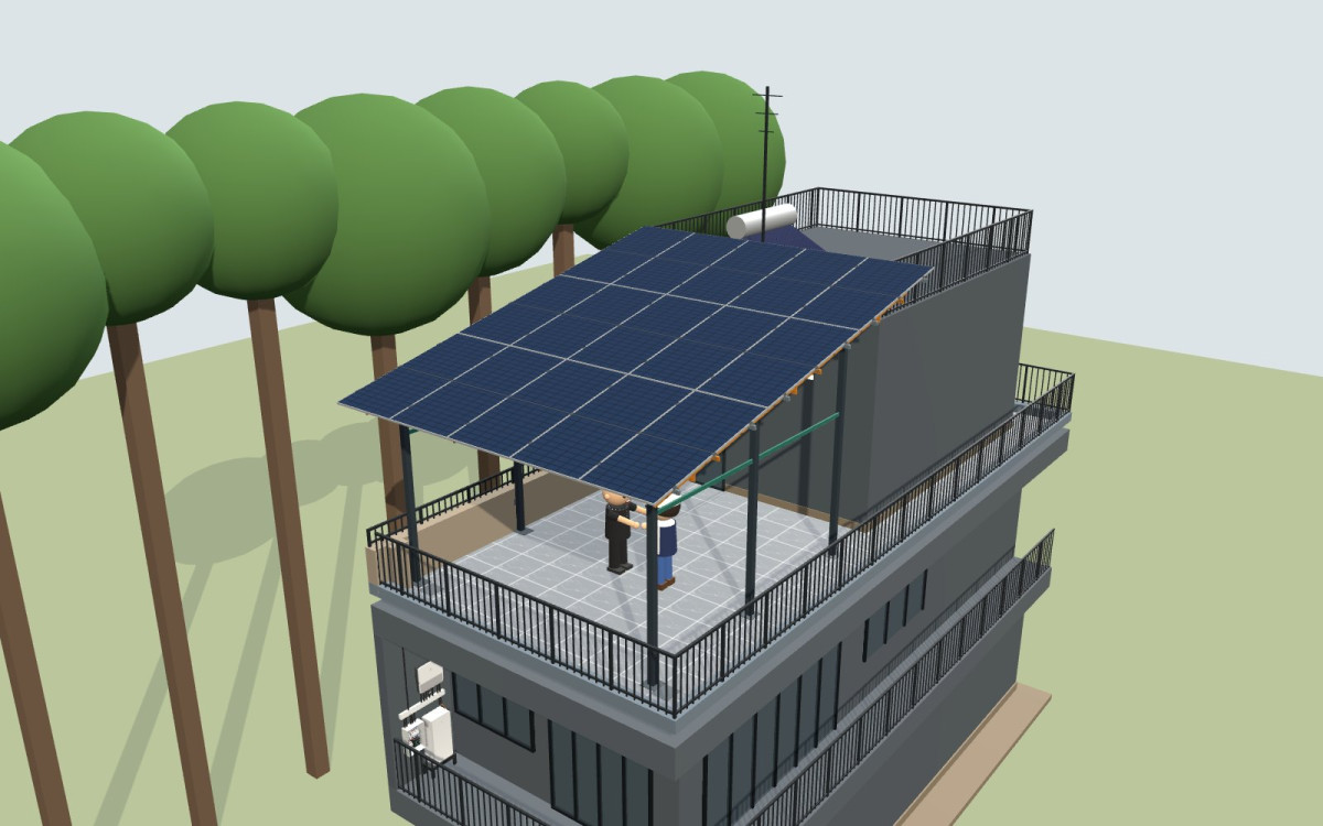 Mô hình 3D khung giàn 15 tấm pin 9,45 kWp trên sân thượng nhà phố